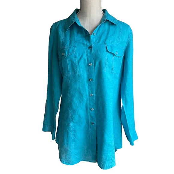 Chico's Blue Linen Button‎ Down with Front Pockets Shirt Size: 2 (M) - Picture 1 of 8